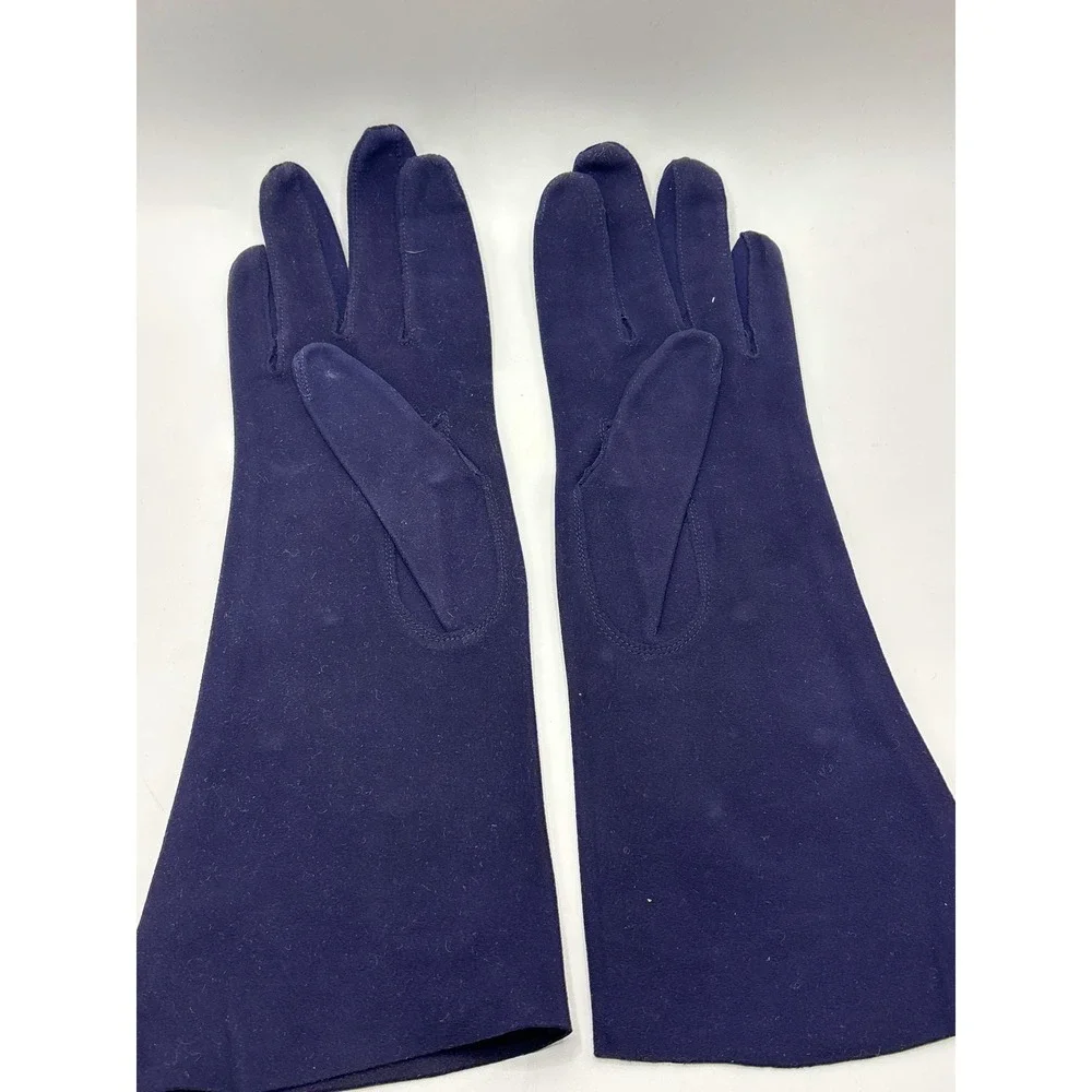 VTG‎ Kislav Lavable Navy Blue Opera Gloves Floral Eyelet Suede Cloth 7.5 France